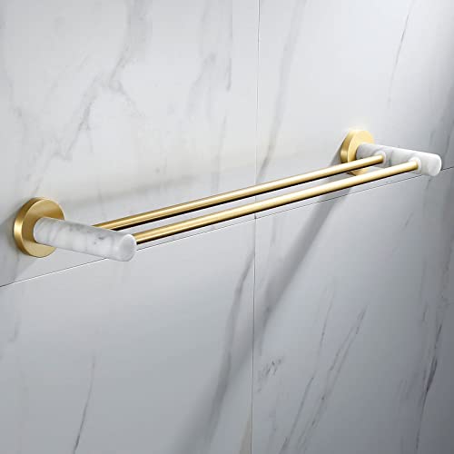 Porte-serviettes marbre naturel et kit accessoires de salle de bain dorés 50 cm