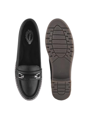 Image of Shoetopia Women's Loafers with Metal Buckle - Comfortable Durable TPR Sole, Stylish Slip-On Casual & Office Everyday Footwear