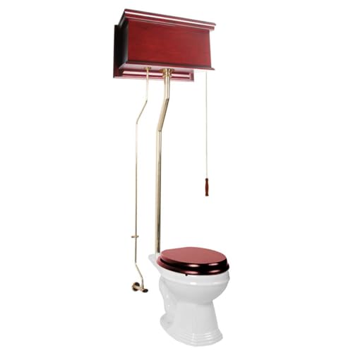 Inodoro con tanque alto y cadena de tirón Renovators Supply con altura ajustable de 70 a 74 pulgadas, tazón redondo de porcelana blanca y acabado en madera de cerezo miniatura 1