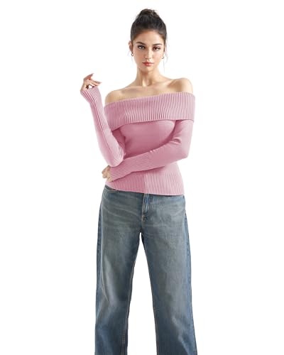 Image of SUUKSESS Women Off Shoulder Sweaters Long Sleeve Ribbed Knit Going Out Fall Tops Blouse