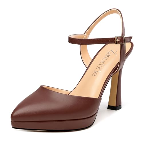 Womens Platform High Heels Pointed Toe Ankle Strap Buckle Stiletto High Heel Pumps Party Evening Dress Shoes 4 Inch