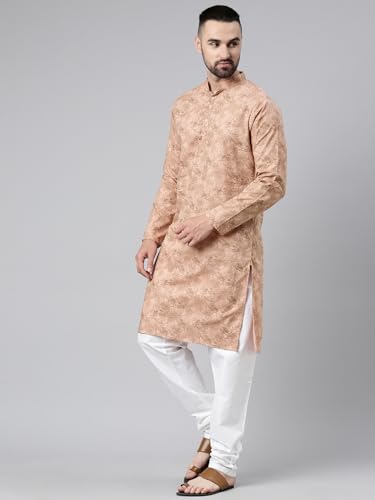 Image of Majestic Man Men's Cotton Regular Fit Casual Mandarin Collar Ethnic Motifs Printed Long Regular Kurta