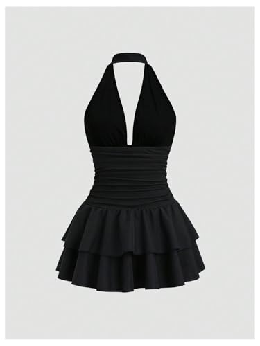 Milumia Women's Ruched V Neck Backless Halter Dress Sexy Tiered Layered Ruffle Dresses2
