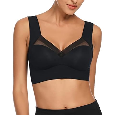 WOWENY Seamless Lace Mesh Bralettes Back Smoothing Bra Comfortable Wirefree Plus Size Everyday Bras for Women (5172 Sleep Black3, M) Cover