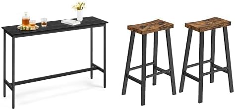 VASAGLE Bar Table, 15.7 x 55.1 x 35.4 Inches Ink Black and Bar Stools Set of 2, Counter Height Stools 29.1 Inches Rustic Brown