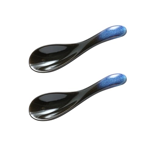 Poraceous 2 Stück Asiatische Suppenlöffel, Ramen Löffel, Japanische Art-Blaue Keramik Suppenlöffel, Porzellanlöffel Chinesische, Retro-Stil...