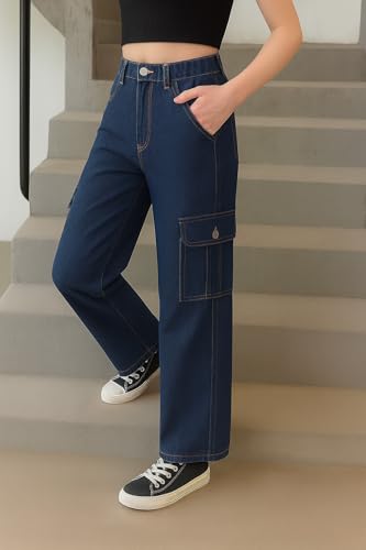Image of ADBUCKS Stretchable High Rise Cargo Style Wide Leg Jeans for Girls II Girls Jeans