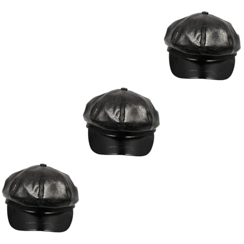 Chapeau octogonal femme en cuir artificiel noir de style béret rétro classique