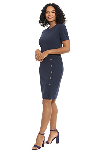 London Times Women's Short Sleeve Knee Length Crew Neck Button Side Career Polished Sheath Dress2