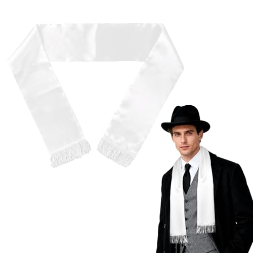 SAIIURV Chal de Raso Blanco, Bufanda Blanca para Hombre de 1920 con Borlas Pañuelo, 140 x 14 cm, Accesorio de Disfraz de Charleston, Decoración de Fiesta para Fiestas Temáticas y Carnavales (Blanco)