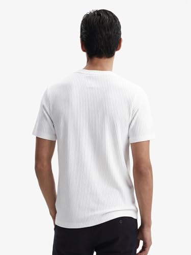 Image of DAMENSCH Men's Striped Texture, Cotton-Rich Comfort, Regular Fit, Solid Colours Striped T-Shirts