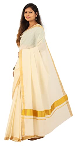 Image of Women's Kerala Traditional Cotton Kasavu Saree with Running Blouse | Sari for Weddings, Festivals, Temple Visits, Onam Vishu & Regular Wear