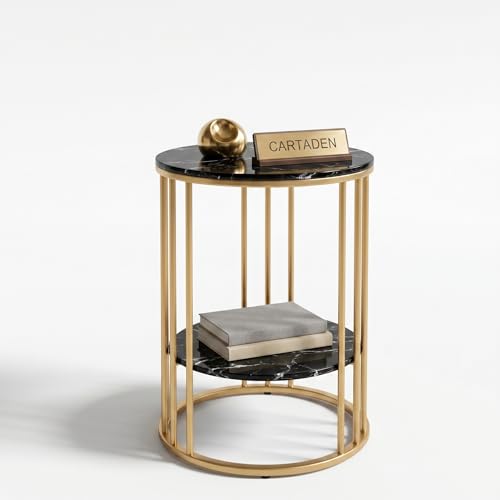 Image of CARTADEN Side Table, Small Round End Table with Lower Shelf, Nightstand for Small Spaces, Bedside Coffee Table for Living Room, Bedroom Gold Black