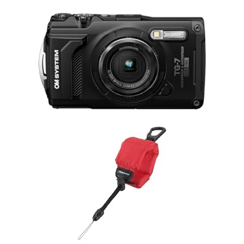 OM SYSTEM Tough TG-7 Schwarz Digitalkamera, Wasserdicht bis 15m, Stoßfest bis 2,1m, 4K Video, Unterwasser- und Makro-Modi, Inkl. OM SYSTEM CHS-09 Schwimmende Handschlaufe
