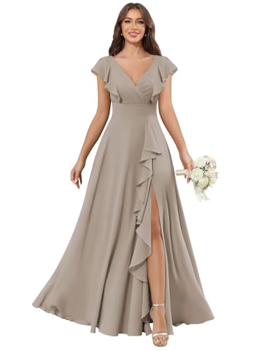 Women's Chiffon Bridesmaid Dresses Long with Slit Ruffled A Line Evening Gown Party Maxi Dress