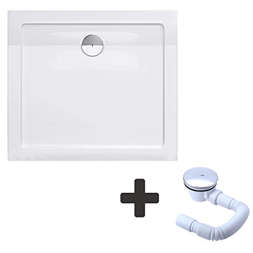 Duschtasse Duschwanne Faro2W 75x80x4 flach inkl. Ablaufgarnitur aus Acryl in Weiß Rechteckig DIN-Anschlüsse für bodenebene Montage geeignet