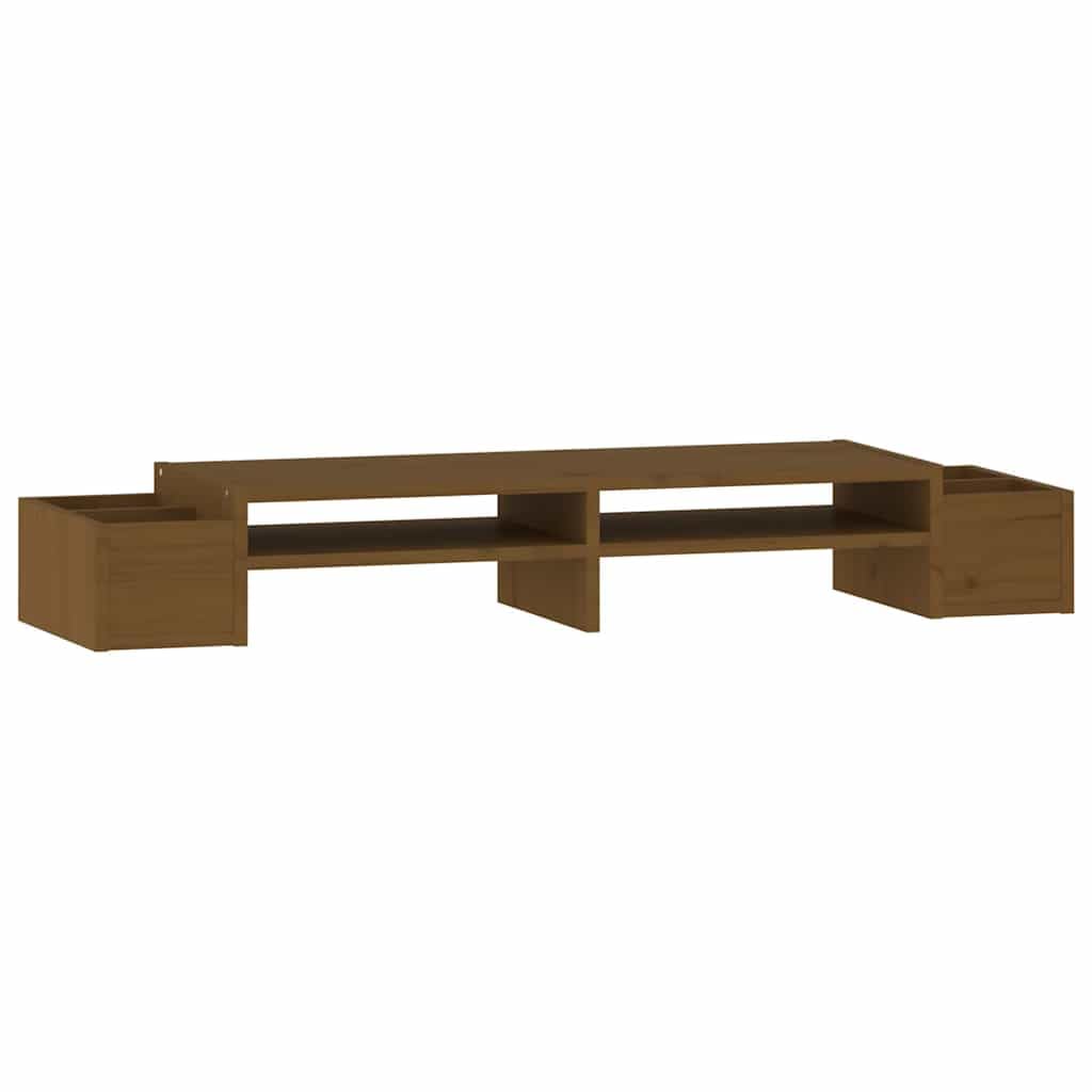 Supporto per monitor in legno di pino massiccio, 100 x 27,5 x 15 cm, con 4 ripiani, supporto da scrivania per PC, monitor, laptop, marrone miele