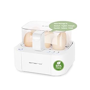 EMERIO ausgezeichnet einzigartiger Eierkocher kocht alle drei Garstufen [weich|mittel|hart] in nur einem Kochvorgang mit perfektem Ergebnis und multilingualer Sprachausgabe in DE EN FR ES IT PL