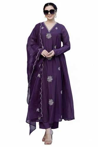 Image of Nermosa Women Embroidery Solid Anarkali Kurta and Pant Set with Dupatta