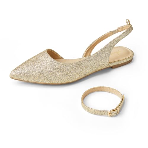 Arromic Women's Slingback Flats Shoes Pointed Toe Two-Way Wear Adjustable Ankle Strap Slip on Flat Shoes for Women Dressy Gold/Glitter