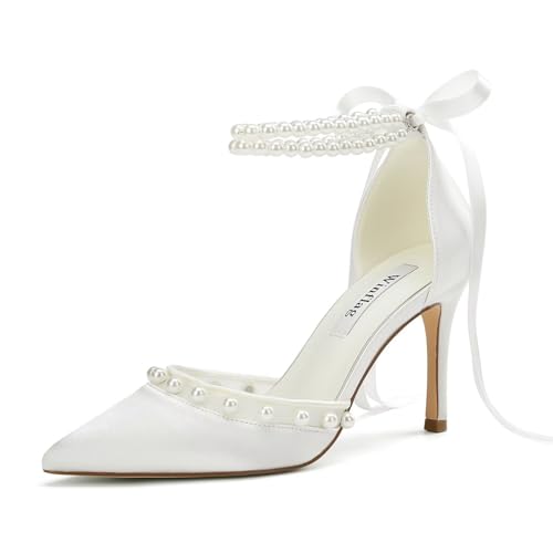High Heel Wedding Shoes for Bride Closed Toe Bridal Shoes Pearl Wedding Heels