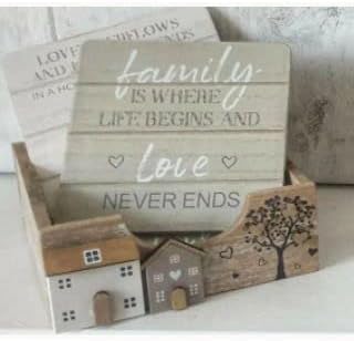Set Of 4 Shabby Chic House Design Wooden Coasters | Family Friends Quotes Coasters With Holder Cup Mug Table Mats | Wood Drinks Coaster Set