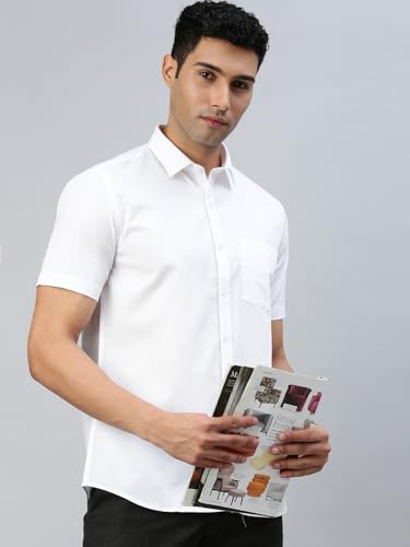 Image of RAMRAJ COTTON Men White Half Sleeve Shirt Crafted For Comfort| Durability| And Timeless Everyday Style