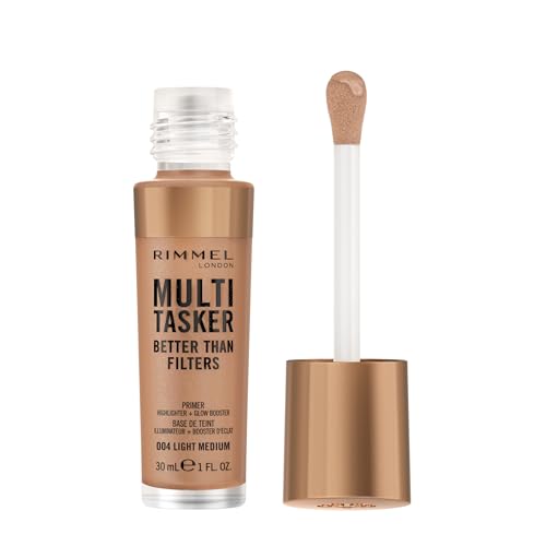 Rimmel Multi-Tasker Better Than Filters, 004 Light Medium, Face Primer, Glow Booster and Highlighter, Vegan Formula, Anti-Ageing Benefits, Light-Reflecting Pigments, Giant Soft-Touch Wand, 1oz