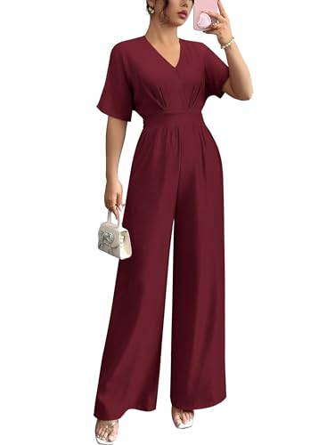 LOOKBOHO Womens Short Sleeve Dressy Jumpsuits V Neck Wide Leg Pant Romper Casual Wedding Party One Piece Outfits Red L