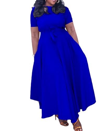Image of SEMATOMALA Women's A Line Self Tie Waist Maxi Dress Round Neck Long Sleeve High Waist Plus Size Swing Flare Long Dresses