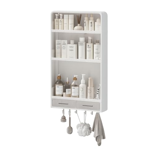sugodesign Badregal ohne Bohren Wandregal Badezimmer & Küche mit 3 Ebenen Schubladen und Haken Selbstklebendes Duschregal Wand Organizer für Kosmetik Shampoo Gewürze und Küchenzubehör
