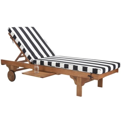 Image of SAFAVIEH Outdoor Collection Newport Natural / Black & White Stripe Cushion Built-in Side Table Adjustable Chaise Lounge Chair