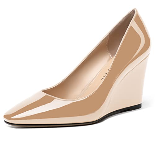 MERRORI Women's Sexy Patent Slip On Party Solid Square Toe Wedge High Heel Pumps Shoes 3.3 Inch