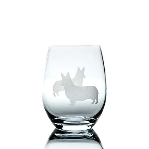 Corgi Stemless Wine Glass (One Glass) - Unique Gift for Dog Lovers - Hand Etched with Breed Name on Bottom
