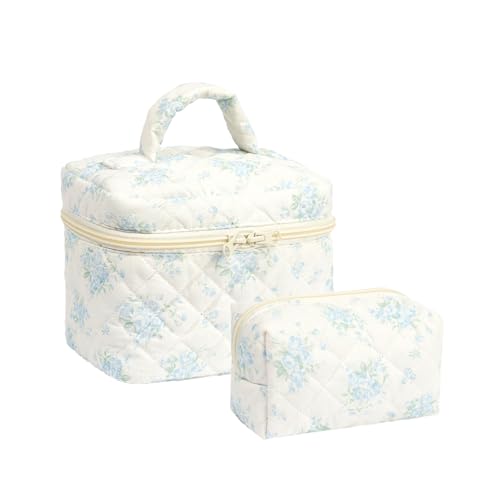 2Pcs Mini Floral Quilted Makeup Bag set,Cute Cosmetic Bag for Women and Girls,Travel Coqutee Aesthetic Organized Bag (blue and white)