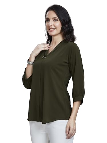 Image of nioni Women's Purple Poly Linen Blend Tunic Top with 3 /4 Sleeves, Printed Yoke, Kantha Stitch Detailing & Mandarin Collar