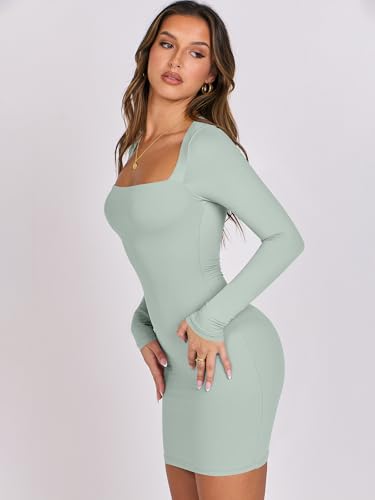 ANRABESS Vestido feminino de manga comprida e gola quadrada, colado ao corpo, colado ao corpo, justo