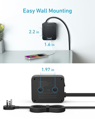 Anker Surge Protector Flat Plug Power Strip 2000J, 10ft Thin Extension Cord, 8 Outlets,2 USB A and 1 USB C Port,20W for iPhone15,Wall Mount,Compact for Home,Office,Room,TUV Listed