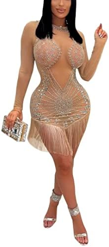 ENOPINK Womens Sexy Long Sleeve Rhinestone Glitter Dress See Through Mesh Bodycon Mini Club Party Night Dress Apricot L
