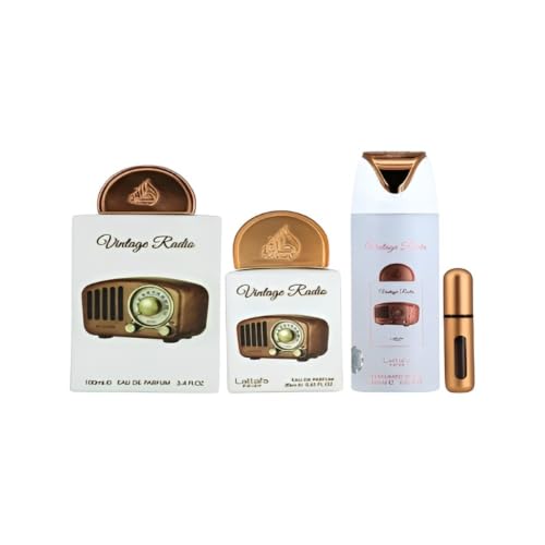 Lattafa Pride Vintage Radio 3-Piece Gift Sets Long Lasting Arabian Perfume For Men Eau De Parfum & Perfumed Spray Perfume Men With Amber Smoky Woods & Vanilla Notes - Premium Gift Box