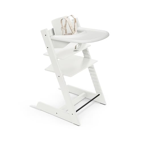 Image of Stokke Tripp Trapp High Chair White with White Tray Signature Edition Includes Chair + Tray + Baby Set with Removable Harness for Children 6-36 Months - Adjustable, Ergonomic & Easy to Clean