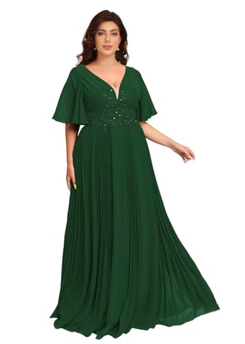 Flutter Sleeves Pleated Chiffon Mother of The Bride Dresses Long A Line V Neck Formal Maxi Dress RA102