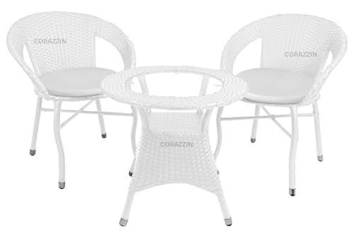 Image of Rattan Wicker Garden Patio Seating Chair and Table Set for Outdoor Balcony Garden Coffee Table Set Furniture with 1 Table and 2 Chair with White Cushion (White)