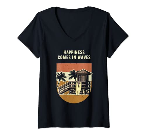 Womens Happiness Comes in Waves Surfing Beach Surfer Ocean Swimming V-Neck T-Shirt