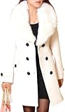 ELFTOWN Women's Double Breasted Midi Long Pea Coat Detachable Faux Fur Collar Long Sleeve Winter Trench Coats with Belt (Medium, White)