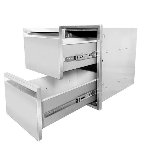 PioneerWorks 13" W x 20.5" H x 21" D Outdoor Kitchen Drawers, 2-Layer Outdoor Kitchen Access Drawer, Stainless Steel Built-in BBQ Drawer for Outdoor Kitchen Island, Patio Grill Station