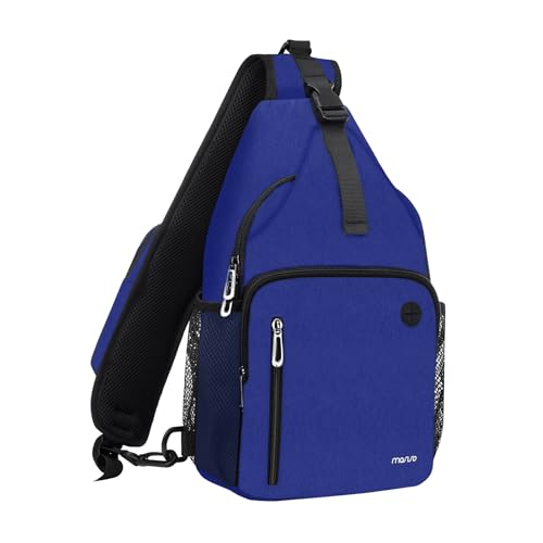 MOSISO Mochila com tiracolo, bolsa de ombro transversal, mochila de viagem, caminhada, bolsa de peito com bolso quadrado frontal e porta de carregamento USB, Azul royal, Medium, Mochilas Sling