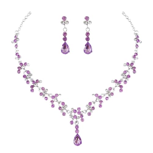 Prosy Parure de mariée avec collier et boucles d'oreilles en strass et cristal pour femme et fille (Argent violet)