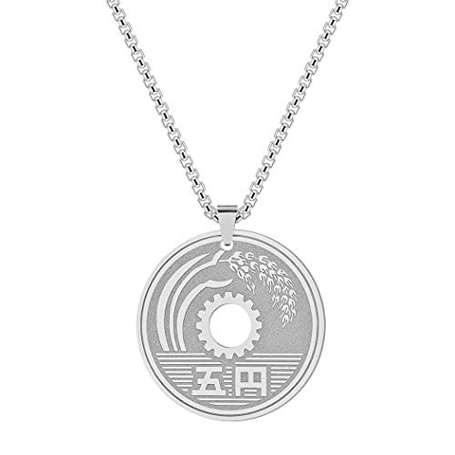 Chereda Collier porte-bonheur japonais en acier inoxydable avec pendentif rond de 5 yens pour homme et femme, Acier inoxydable