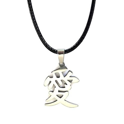 ASTER ALHELÍ - Pendentif Femme Lettre Chinoise Signifiant AMOUR en Acier Inoxydable Argenté et Cordon de Cuir Noir Ciré - Collier Homme ou Femme - Idéal...